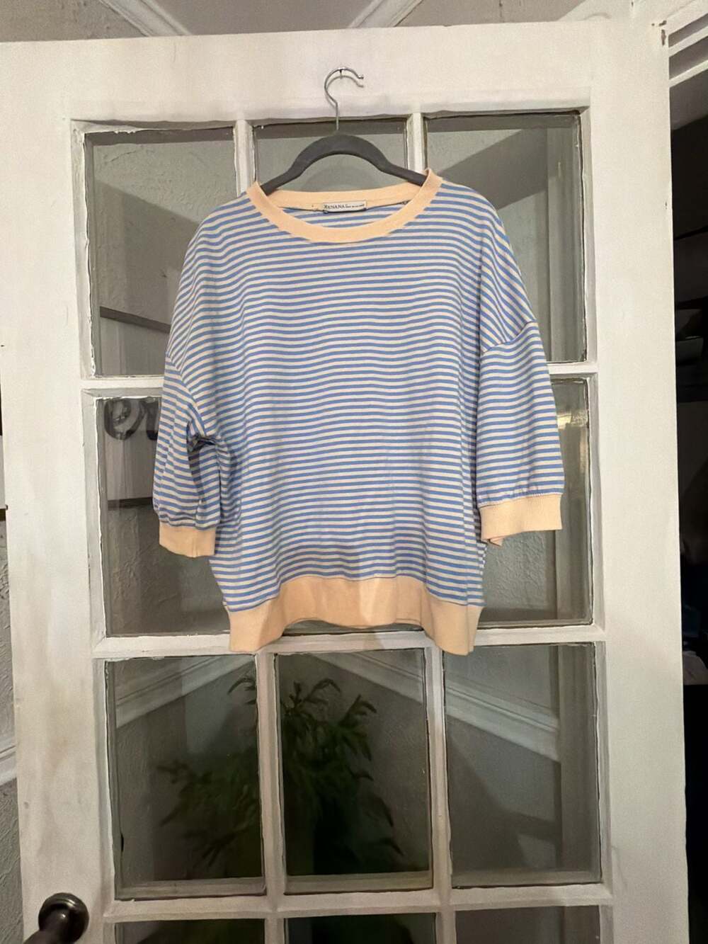Zenana Striped Sweatshirt Size S Blue Yellow Crewneck